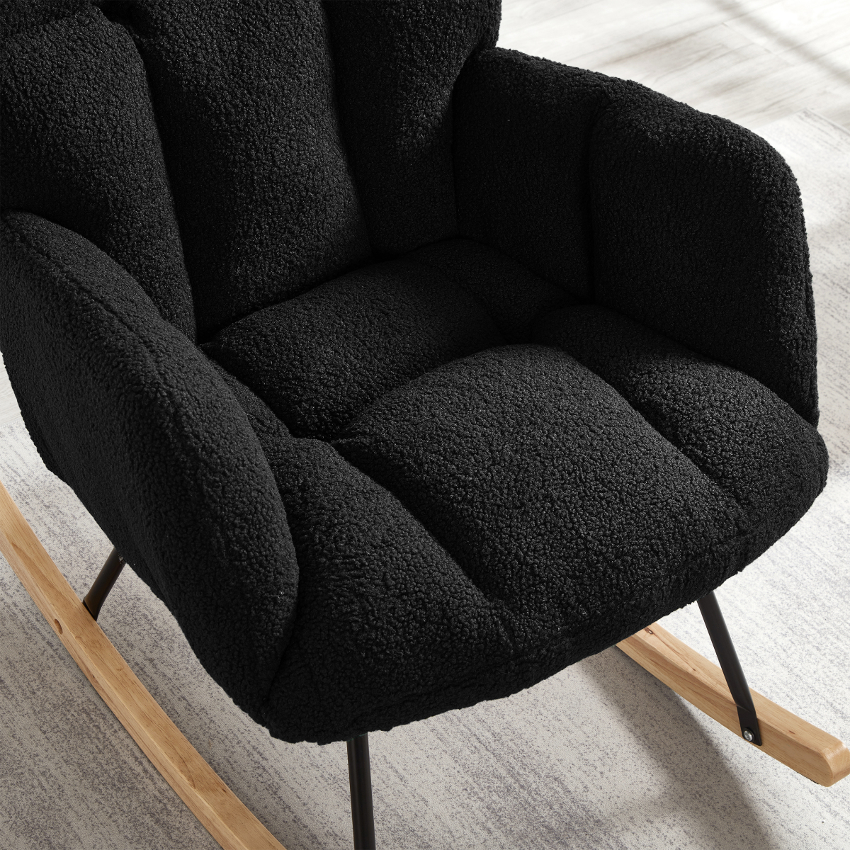 Glider Rocking Chair for Living Room, Tufted Upholstered Accent Chair with Teddy Fabric and Metal Frame, High Back Armchair for Nursery, Bedroom, or Reading Corner