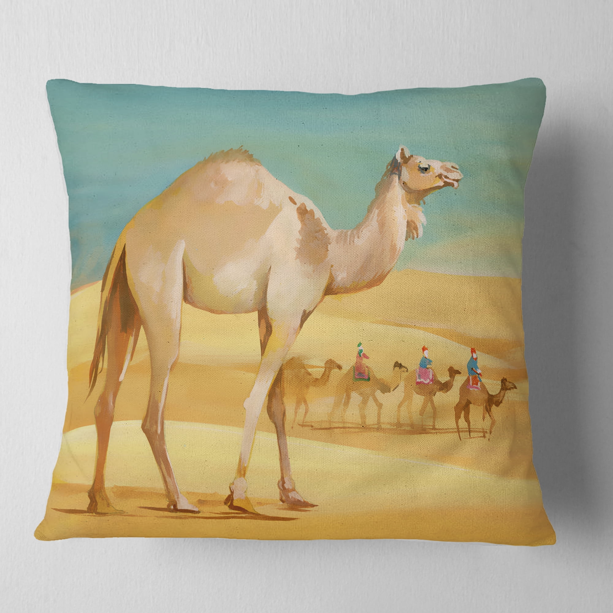Designart Camel Walking in Desert - Watercolor Animal Throw Pillow - 16x16
