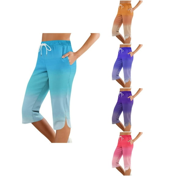 Ahuyic Womens Solid Color Long Pants, Plus Size Pants For Women, Women Solid Color Printing Elastic Waist Sports Casual Capris Pants With Side Pockets