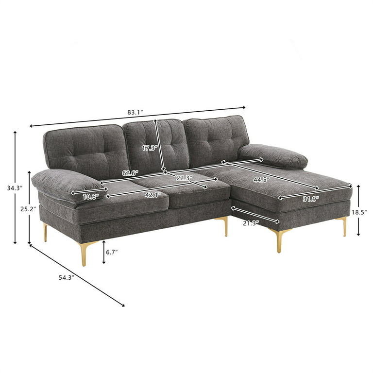 Convertible Sectional Sofa With Reversible Chaise L Shaped 3 Seater Couch Metal Legs And Two Pillows Modern Chenille Upholstered Corner For Living Room Apartment Dark Gray Com