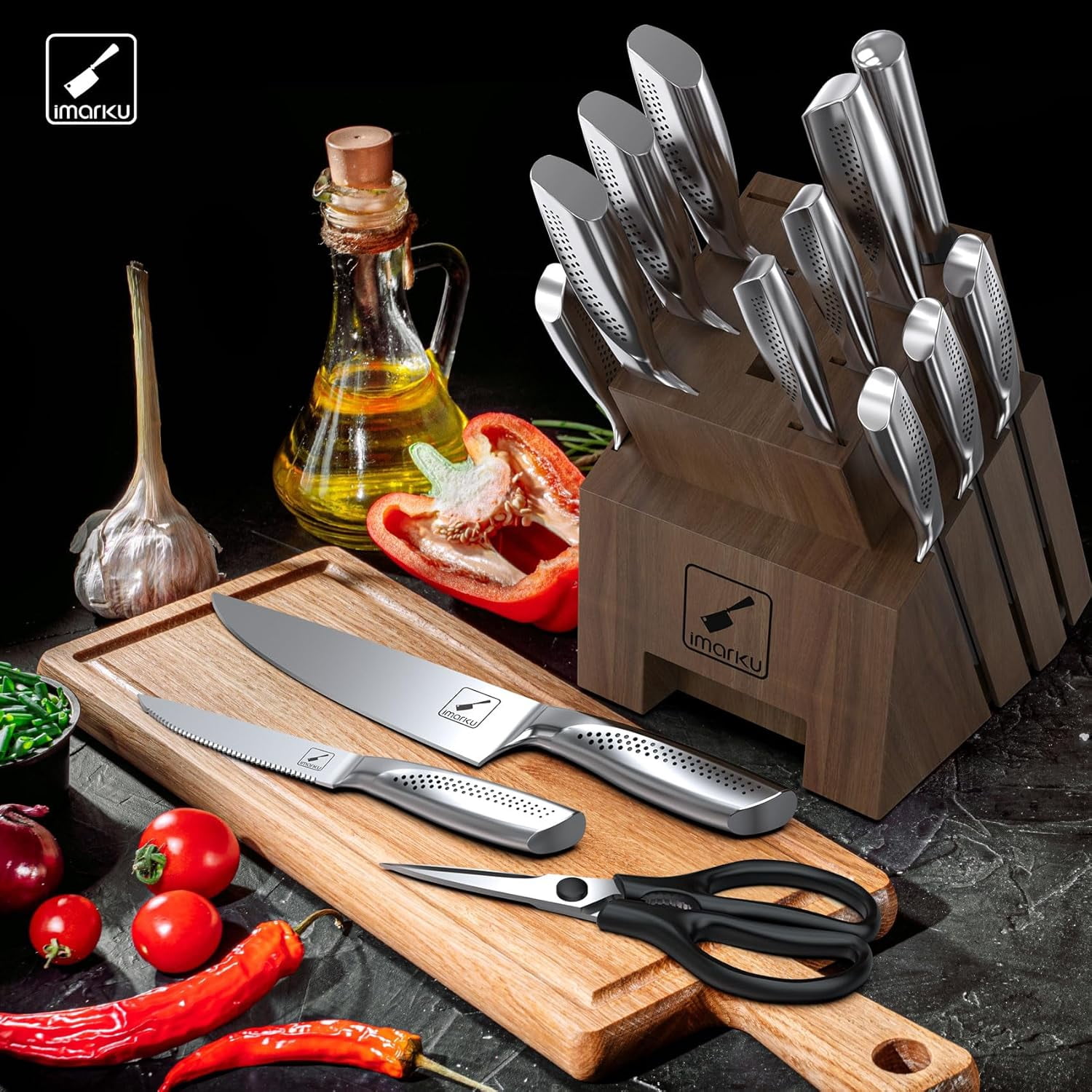 imarku Knife Set, 16PCS High Carbon Stainless Steel Kitchen Knife Set with Block Ultra Sharp Knife Block Set, Japanese Knife Set with Dotted Non-slip Ergonomic Handle, Best gifts,Fathers Day Gifts