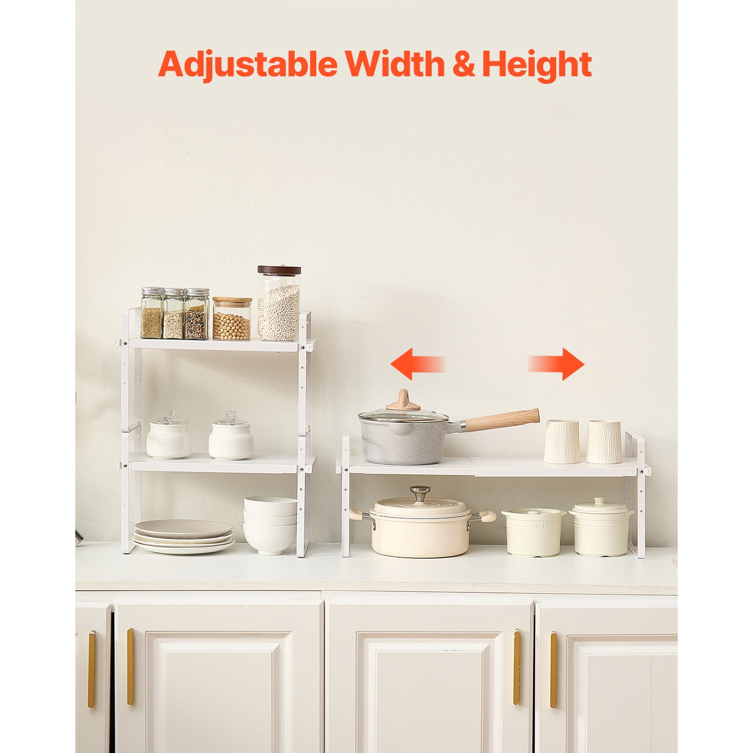 KFFKFF Flexible Kitchen Cabinet Storage Solution, Scalable Dual-Level Cabinet Rack, Stackable Organizer for Countertop, Elevated Storage Shelves, Suitable for Kitchen, Bathroom, Office Use, White