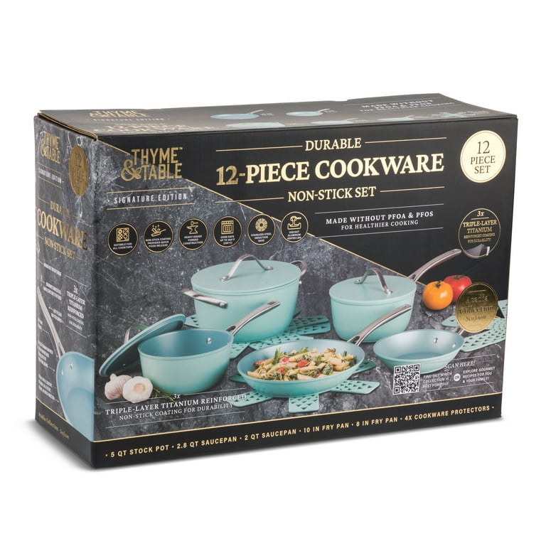 Thyme & Table Nonstick 12 Piece Cookware Set, Acadia Blue