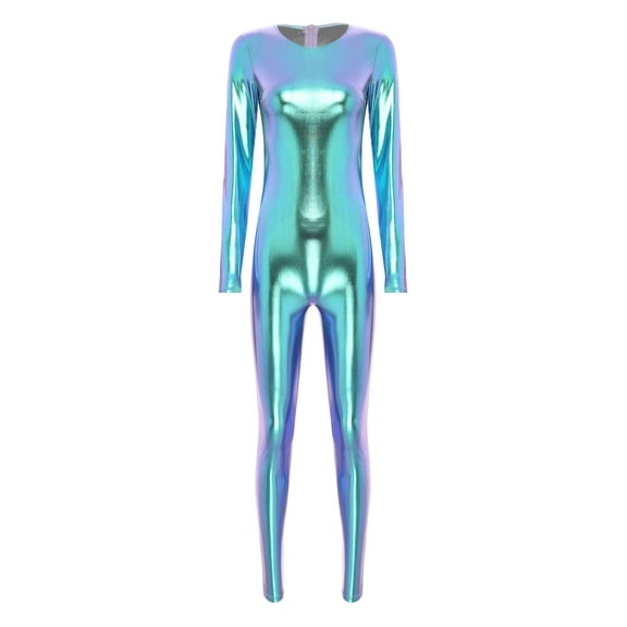 iixpin Women's Metallic Shiny Long Sleeve Back Zipper Jumpsuit One Piece Full Body Fitness Bodysuit Blue XL