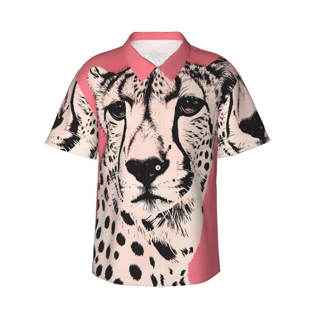 Balery Pink Cheetah Art Camisas hawaianas de manga corta para hombre, camisas playeras de corte holgado, camisas de vacaciones con botones,X-Large