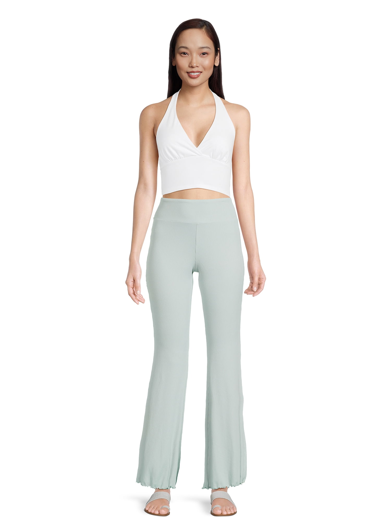 No Boundaries Women's Juniors Ribbed Flare Lettuce Hem Pants, Sizes S-XXXL