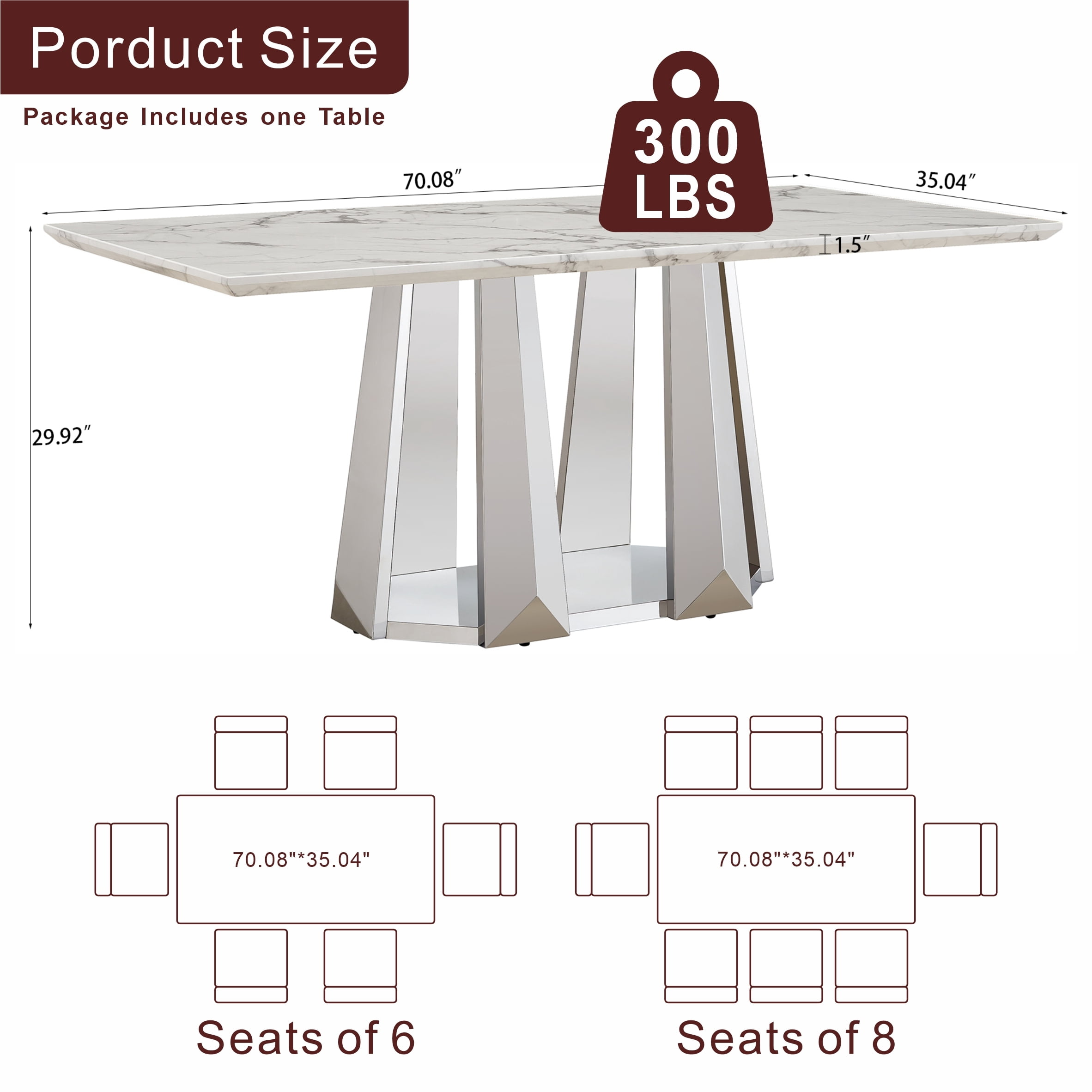 Shikeyi 70" Marble Dining Table for 6-8, Modern Luxury Silver Rectangular Large Kitchen Table, Marble Grain MDF Tabletop & Stainless Steel Base for Kitchen Dining Room, White (Table Only)