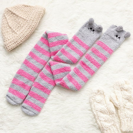 

Womwn Coral Socks Over The Knee Thicken Warm Sleeping Towel Striped Socks Watermelon Red