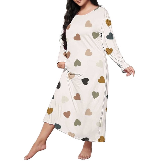 Jindong Chemises de Nuit pour Femmes Grande Taille Robe de Nuit Décontractée pour Femmes Grande Taille Imprimé Cœur Manches Longues Col Rond Extensibilité Moyenne Nuisette Ample Robe de Nuit pour Femmes