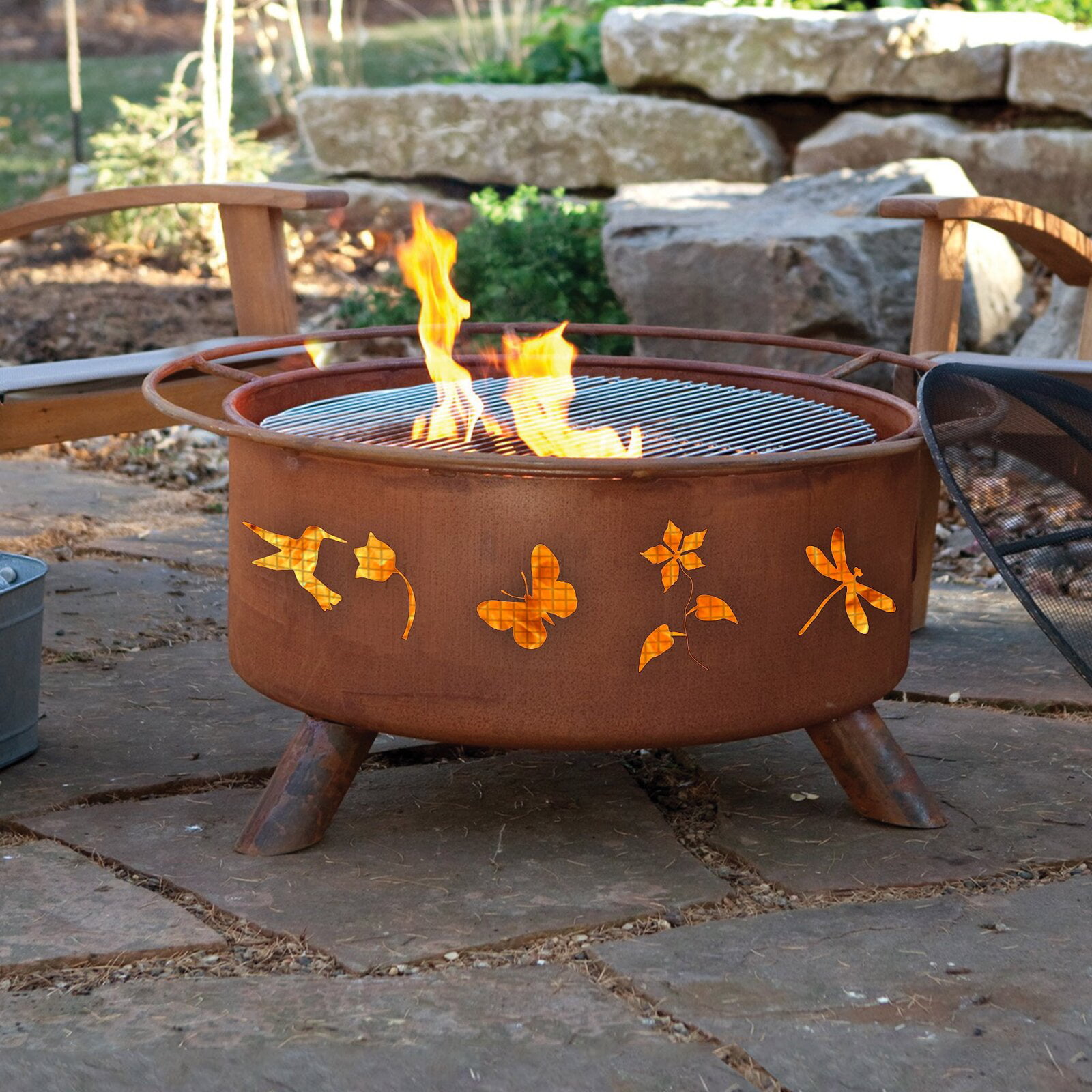Jardine Flower and Garden Steel Wood Burning Fire Pit, Portable design  allows fire pit to be moved easily, Flower and Garden cut outs provide safe  ventilation with a protective inner spark screen -