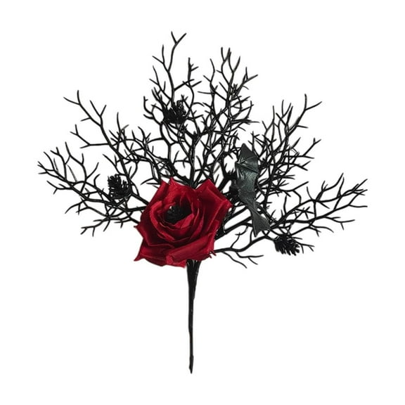 2pcs Artificial Halloween Branches Picks with Rose and Bat- Fake Black Flowers Dry Branches- Gothic Floral Stems Sticks for Halloween Xmas Home Decor
