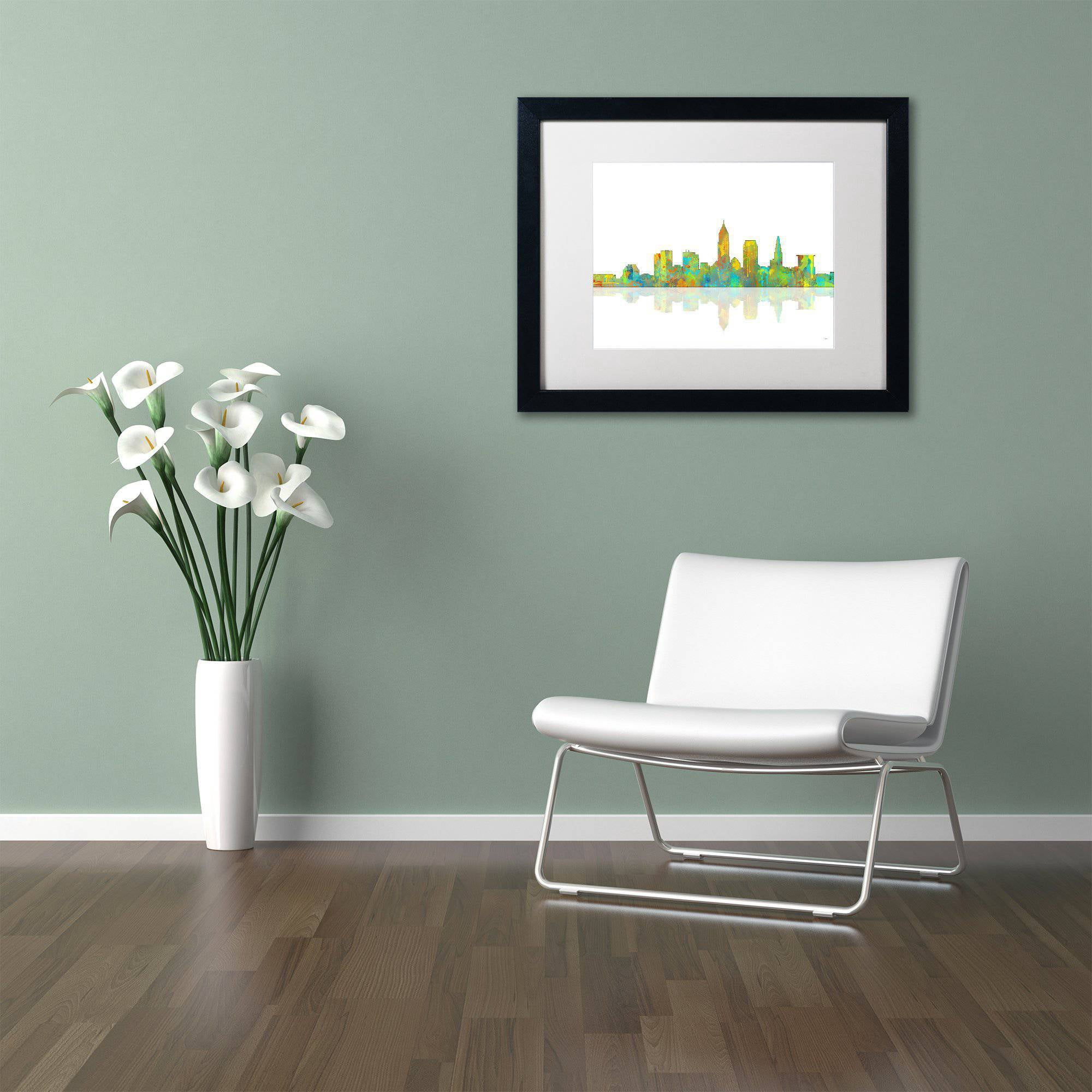 Trademark Fine Art "Cleveland Ohio Skyline" Canvas Art by Marlene Watson White Matte, Black Frame