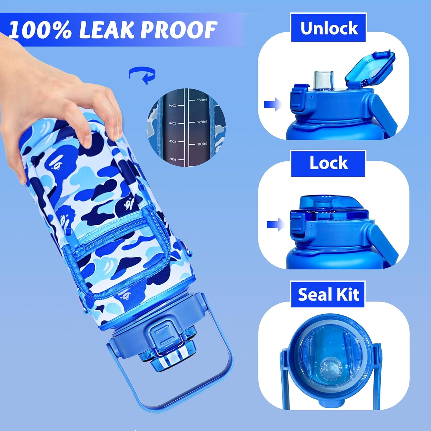 64 oz Water Bottle with Straw Sleeve & Strap Motivational BPA Free Half Gallon Water Jug with Handle for Gym Women Men Aesthetic Water Bottle with Strap Navy Blue
