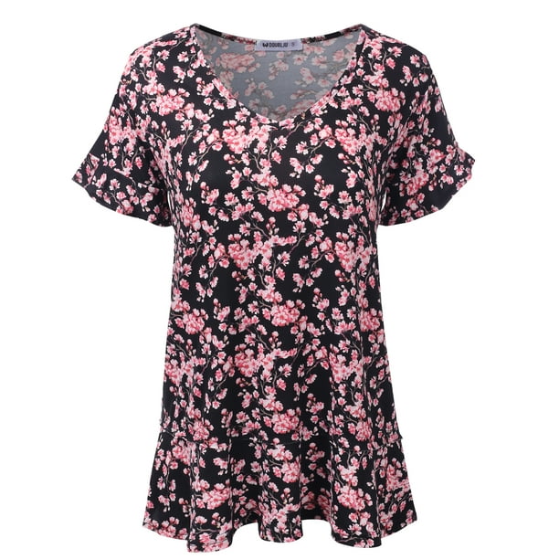 Doublju Women's Short Sleeves Flare Tunic Tops for Leggings Flowy Shirt with Plus Size