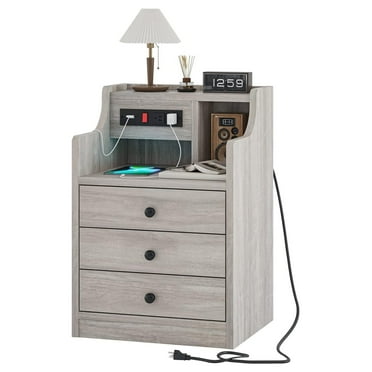 Nightstand with Charging Station, Grey Night Stands with Hutch, 3 Drawers Bedroom End Table Bedside Table with 2 USB Ports & 2 Outlets