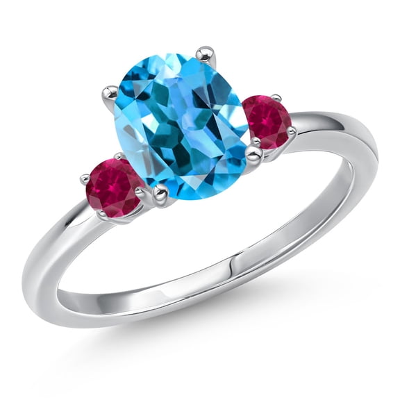 Gem Stone King 14K White Gold Swiss Blue Topaz and Red Created Ruby Engagement Ring for Women | 2.53 Cttw | Oval 9X7MM | Gemstone November Birthstone | Size 9