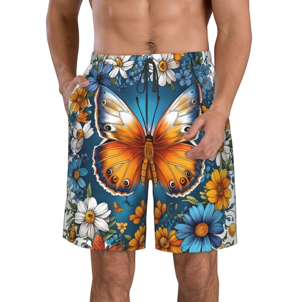 Balery Spring Butterfly Flowers Traje de Baño Estilo Hawaiano para Hombre, Shorts de Secado Rápido con Bolsillos-3X-Large