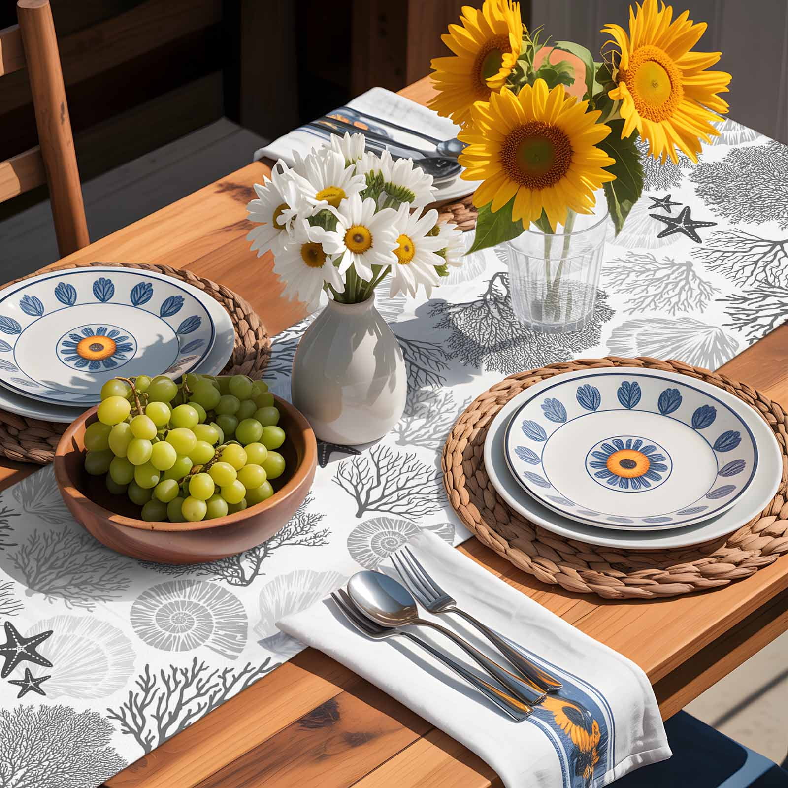 Classic Sea Grey Coral Table Runner 90 Inches Long, Abstract Marine Life Scenery Table Runners Tabletop Scarf Kitchen Dining Tables Decoration for Home Party Indoor Outdoor