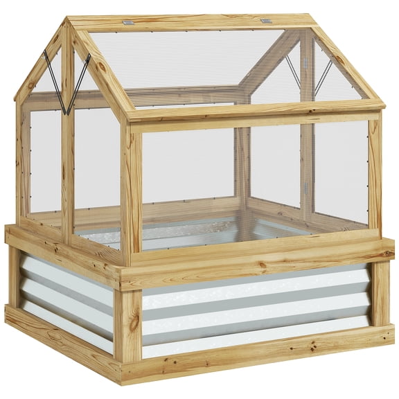 Raised Garden Bed with Greenhouse Cover for Outdoor Patio, Wooden Cold Frame Flower Planter Protection, 35.5x31.5x36 inches Natural
