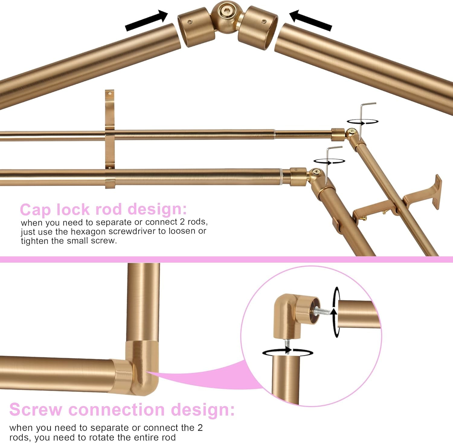 Warm Gold Double Corner Window Curtain Rods with Aluminum End Cap Finials and Brackets,1 Inch Diameter Dual Bay Window Curtain Rods, Adjustable 2 Sided 20-36" and 36-72" Center Double Rod