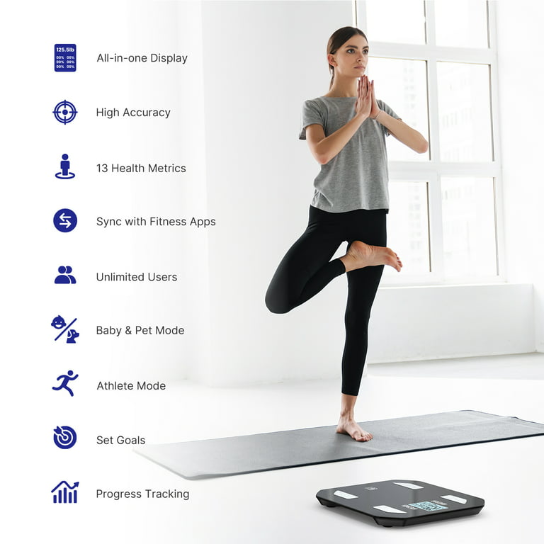 FITINDEX Advanced Smart Body Weight Scale with App, Large Display, 13 Metrics, Unlimited Users, Track Progress, Baby Mode, Size: 11 x 11 x 0.90, Black