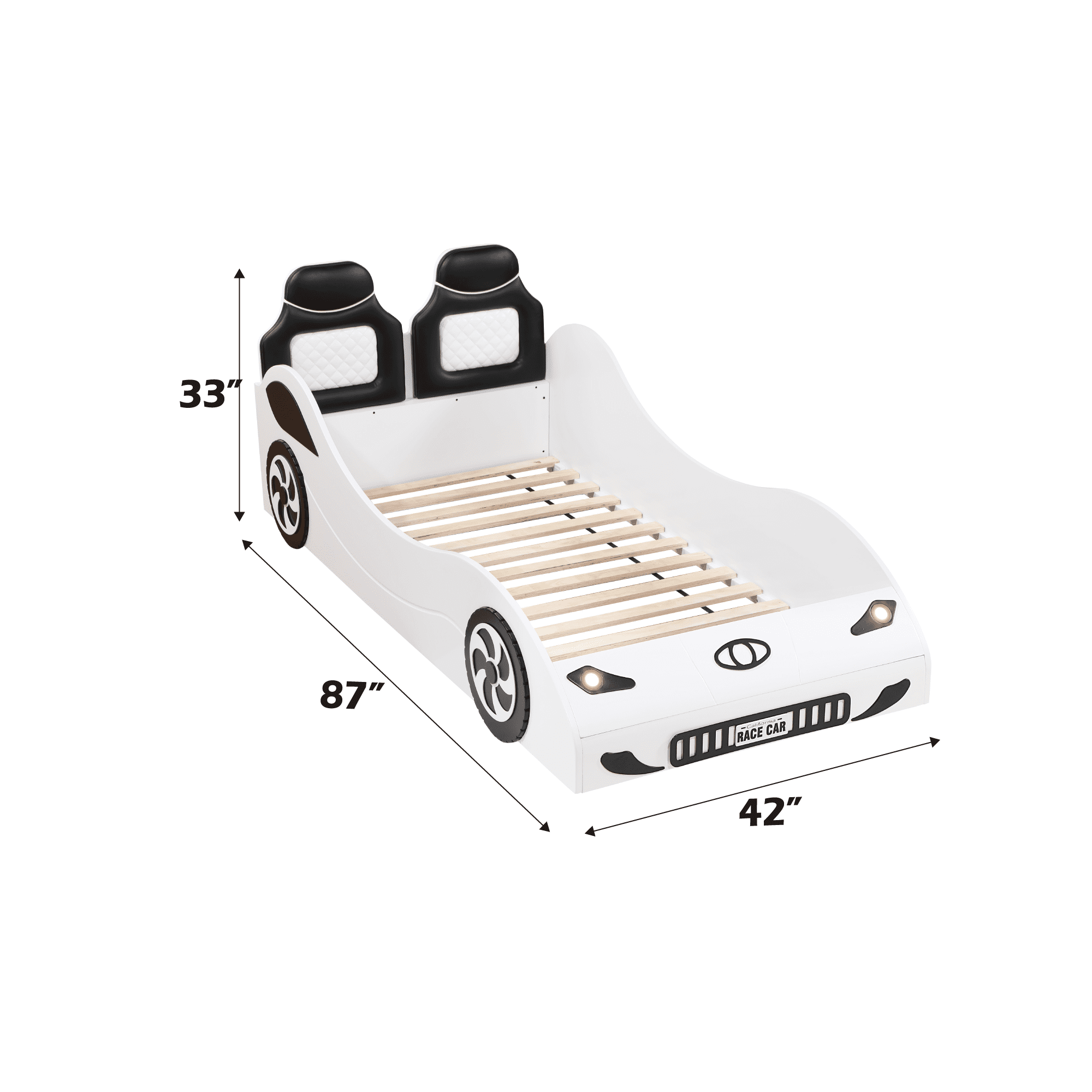 Bed Frame White Finish Twin Car Bed with LED