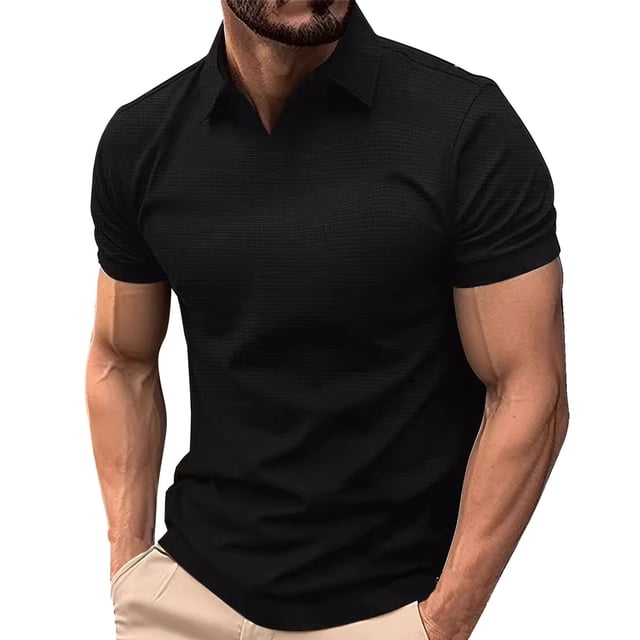 Camisas de Manga Corta para Hombres Deportes Fitness V-Cuello Solapa Elástica, Top de Ocio para Correr Y Golf
