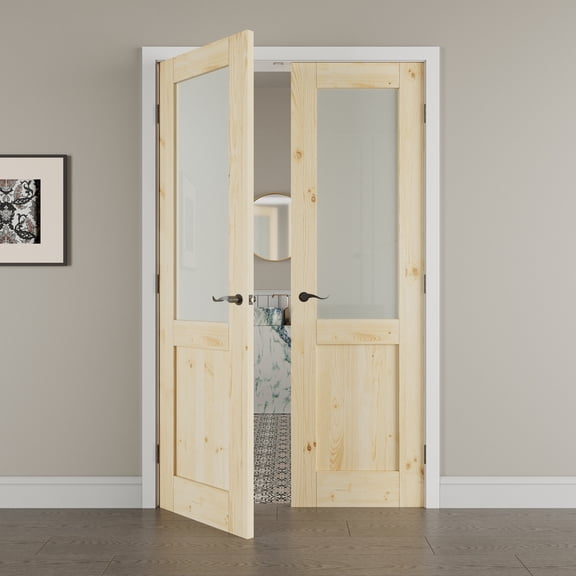 48" x 80" Half Panel Frosted Glass Pine Wood Double Doors with French Door Ready-to-Assemble Jamb, Solid Interior Door, Black Levers & Hinges, Unfinished Knotty Wood & Ready-to-Stain