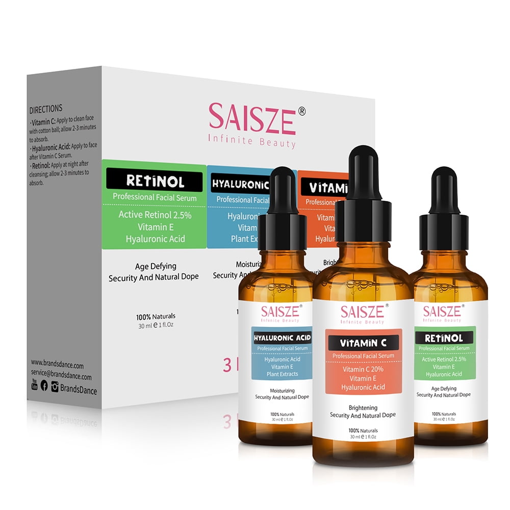 Saisze Anti Aging Vitamin C Serum for Face, Facial Skin Care Products, Hyaluronic Acid and Retinol Serum 3 x 1 Fl Oz, Anti Wrinkle and Dark Circle Remover, Perfect Gifts Set