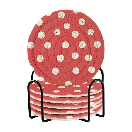 

6-Piece Premium Drink Coaster Set with Holder – Absorbent Cotton Woven Coasters for All Beverages Minimalist Home Decor & Table Protection. Irregularly Red Polka Dots