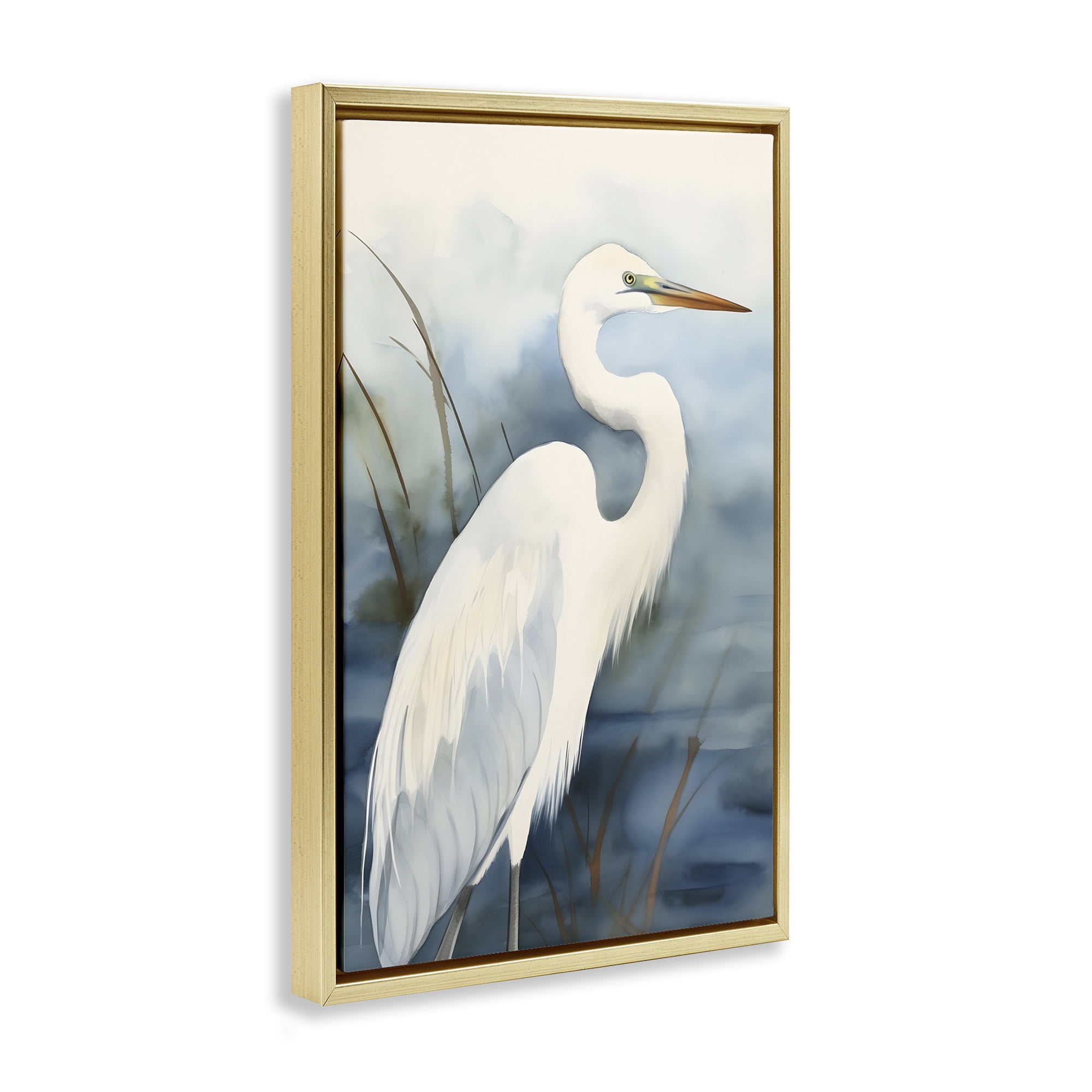 Stupell Industries Soft Egret Impression Animals & Insects Painting Gold Floater Framed Canvas Art Print Wall Art, 21 x 31