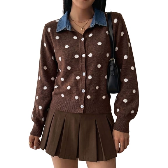 Women's Denim Collar Polka Dot Cropped Button Knit Sweater Jacket Cardigan Chocolate Color S