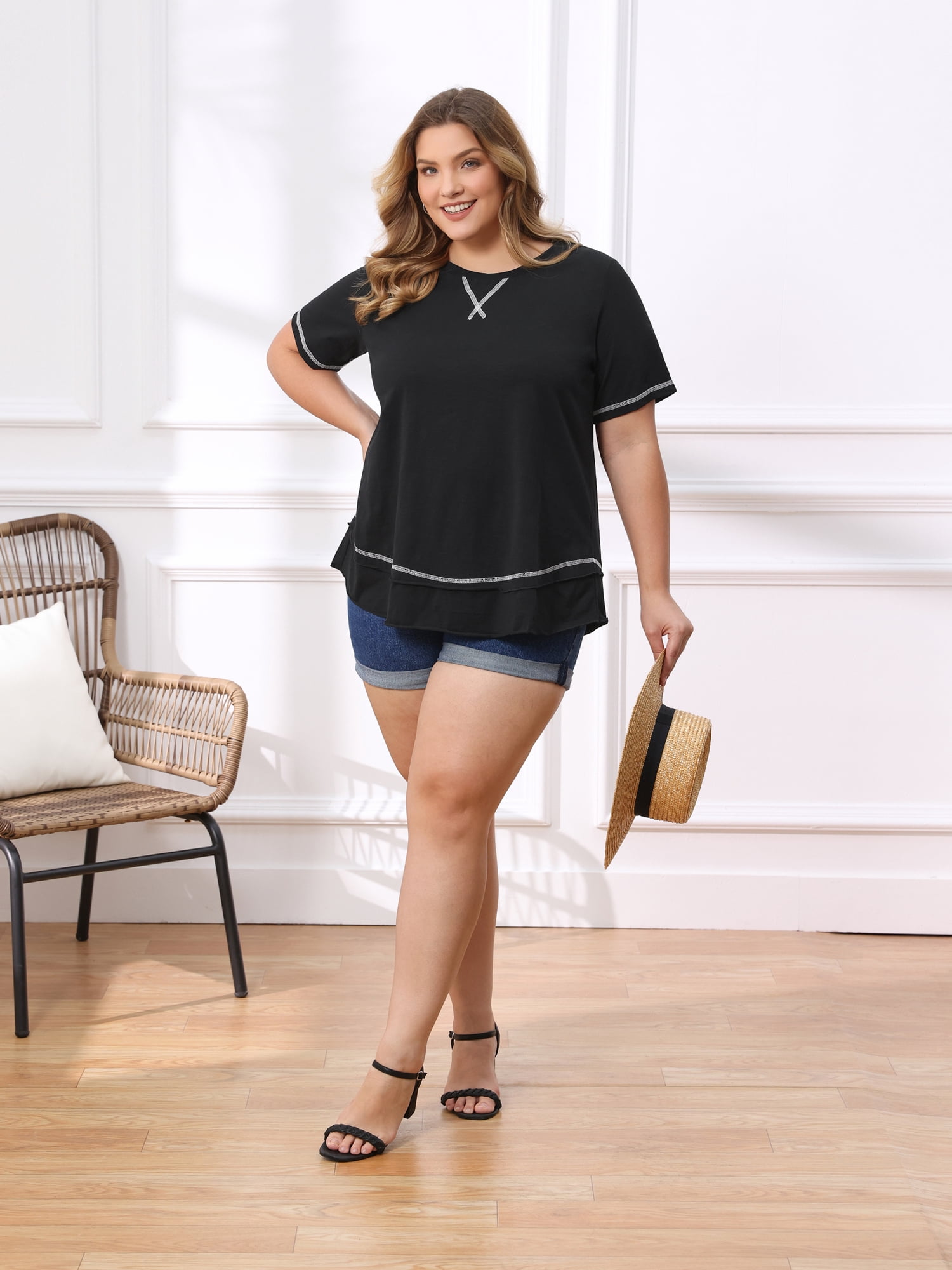 DARING DIVA Women's Plus Crew Neck Short Sleeve Loose Knit Blouse Tops 4X Black