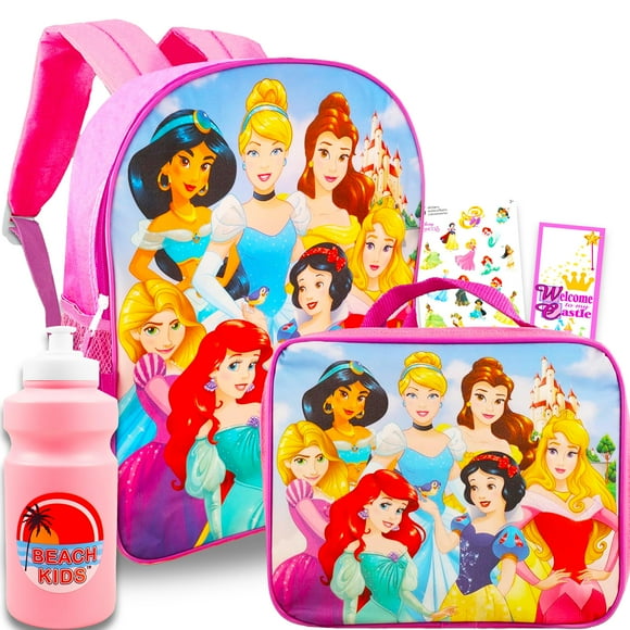Disney Princess Backpack with Lunch Box for Girls ~ 5 Pc Bundle With Deluxe 16" Princess School Bag, Lunch Bag, Water Bottle, and More (Disney Princess School Supplies)
