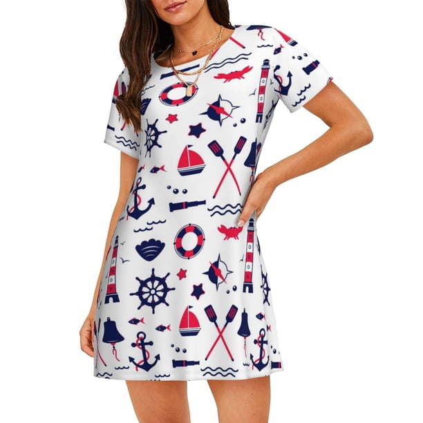 Balery Sailing Marine Travel Camisón de manga corta con cuello redondo para mujer, cómodo y elegante.