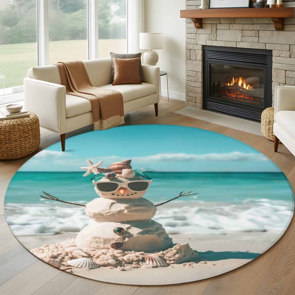Coastal Snowman Christmas Round Area Rug 6 FT, Non Slip Bedroom Area Rug, Xmas Beach Seaside Washable Soft Circular Carpet Non-Shedding Floor Mat for Kitchen Dining Room Home Office Kids Room