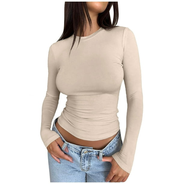 Camiseta corta de manga larga y corte ajustado para mujer: camiseta lisa de cuello redondo, camiseta básica para yoga y entrenamiento, ideal para llevar en otoño