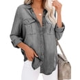 thumbnail image 2 of Women Button Down Denim Shirt Long Sleeve Roll Up Casual Oversized Jean Jacket Distressed Tunic Top, 2 of 7