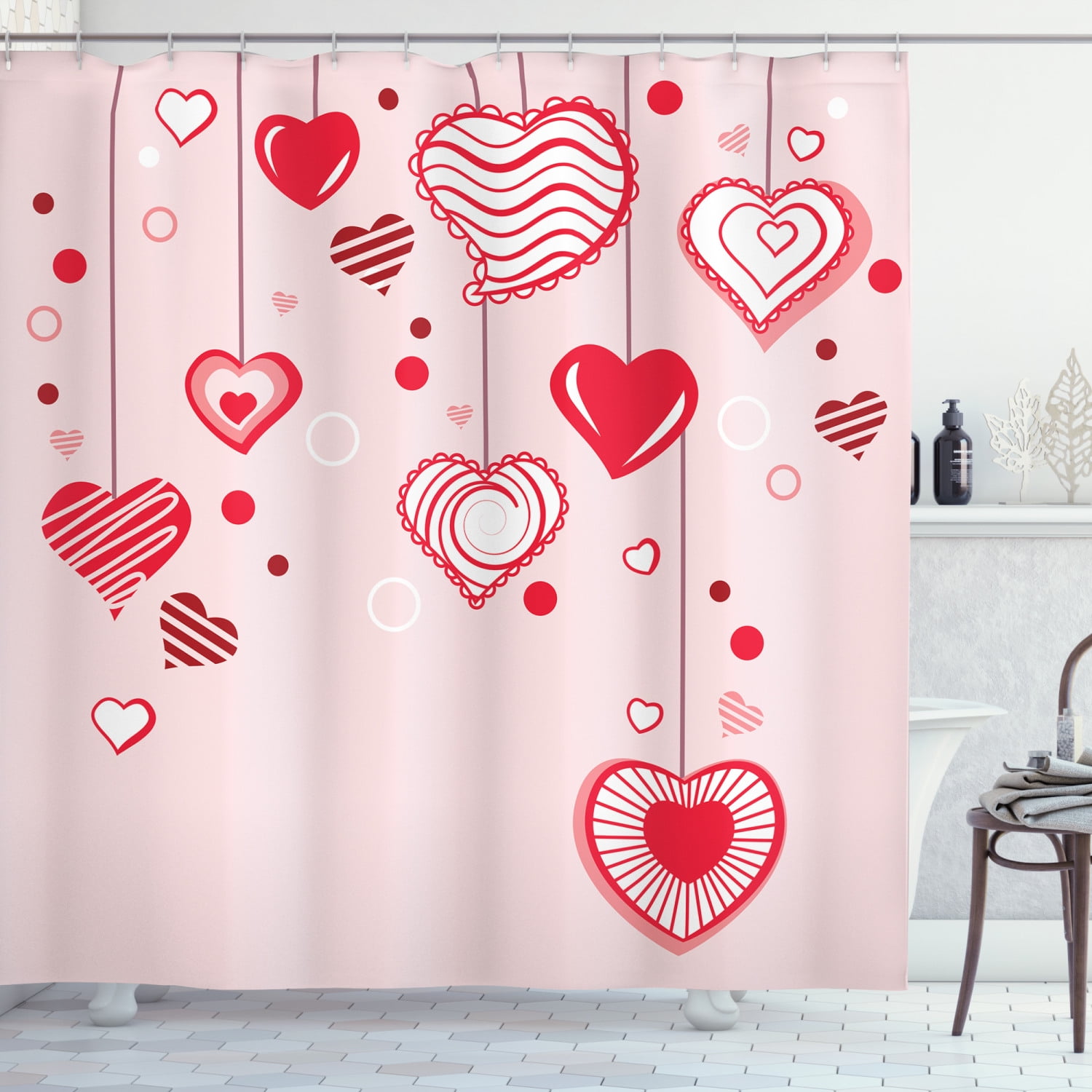 Waterproof Fabric Valentine Pink Background Love Heart Bathroom Shower Curtain 