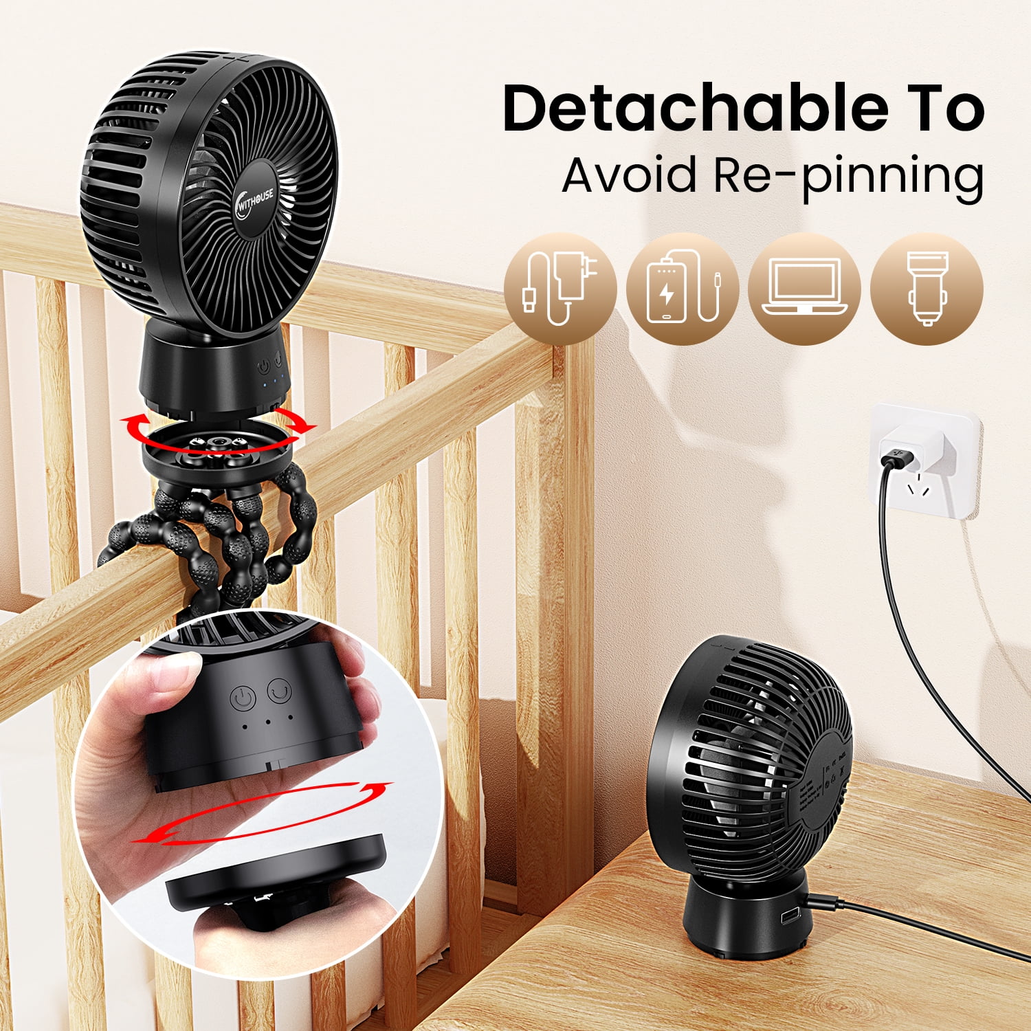 Stroller Fan with 90° Auto Oscillating, Extended Anti-Slip Detachable Tripod, Power Bank & LED Light, 3-Speed Quiet Cooling Clip On Fans for Baby Crib Car Seat Travel