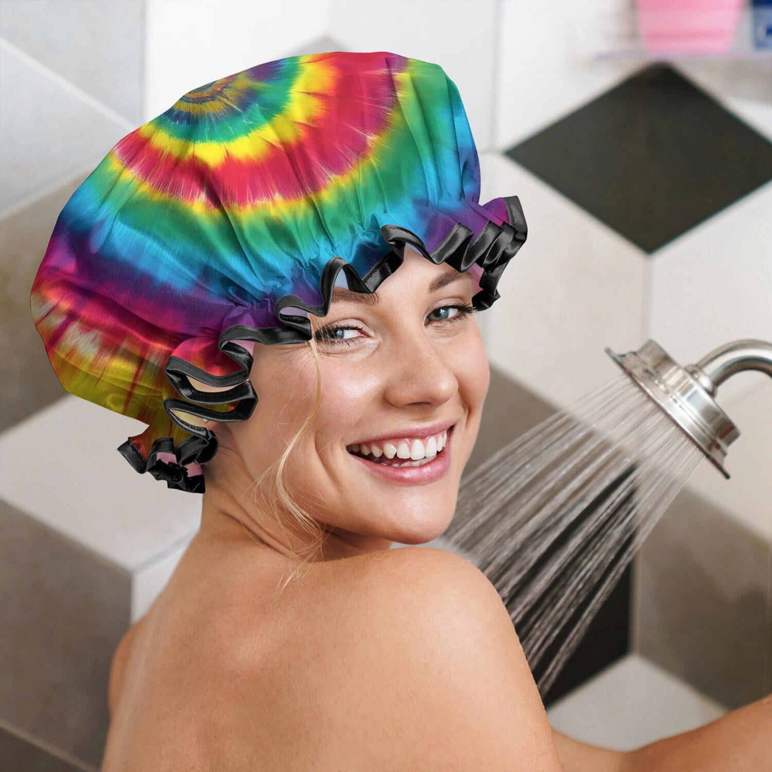 Shower Caps,Colorful Rainbow Tie Dye Spiral Pattern Waterproof Shower Cap for Women 4 Pieces,Double Reusable Hair Cover for Shower PEVA Elastic Stretch Hem