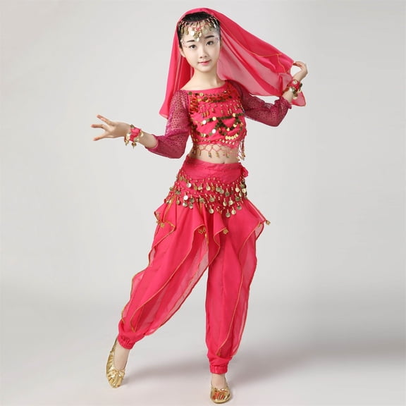 Girls Hot Pink Belly Dance Costume Set 5-13 Years, Complete Kit with Sequin Coin Accents, Harem Pants, Headscarf & Bracelets for Recitals,Size 9-11 T