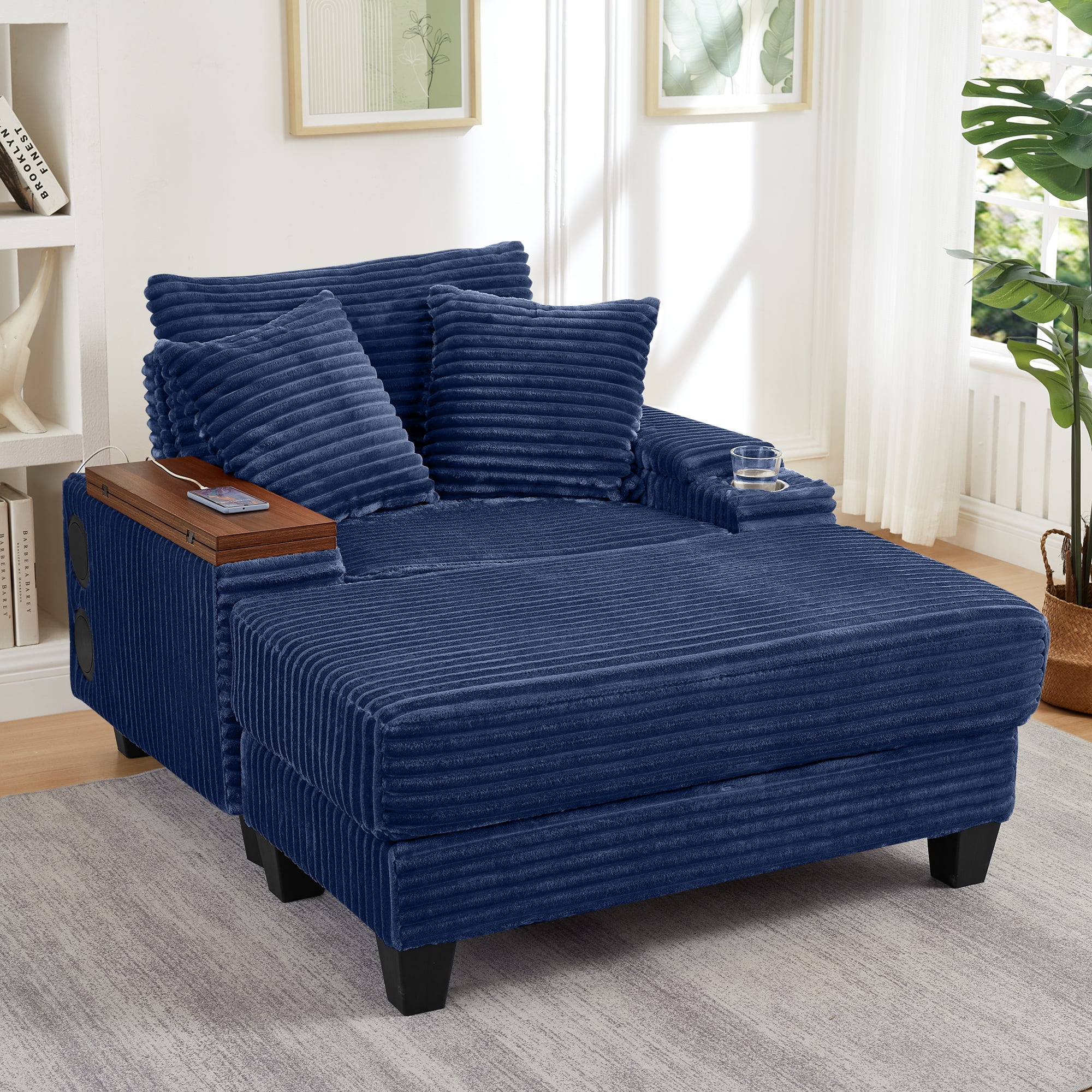 Chaise Lounge Chair Indoor,Corduroy Single Upholstered Sofa Bed with Ottoman,Cup Holder & USB Ports,180°Rotating Table Board for Living Room,Bedroom,Apartment,Blue