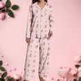 thumbnail image 4 of Women 2 Piece Pajama Set Heart Print Long Sleeves Button Down Lapel Shirt Long Pants Matching Sets Loungewear Pink L, 4 of 9