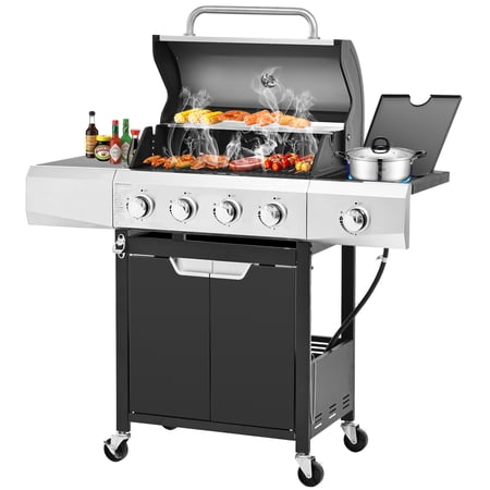 4-Burner Gas Grill with Side Burner, 51,000 BTU Propane BBQ Grill with Porcelain-Enameled Cast Iron Grates, Built-in Thermometer, Ideal for Patio Camping Outdoor Cooking