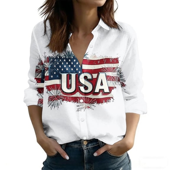 4th of July Outfits for Women American Flag Graphic T-Shirts Long Sleeve Button Down Blouses 250th Anniversary USA Shirt Dressy Casual Tops
