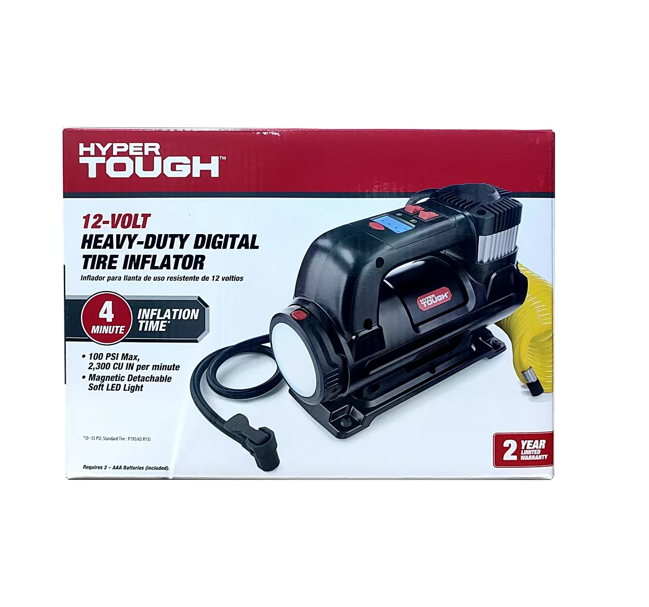 HYPER TOUGH DC 12V HEAVY DUTY DIRECT DRIVE DIGITAL TIRE INFLATOR WITH DETACHABLE LED LIGHT