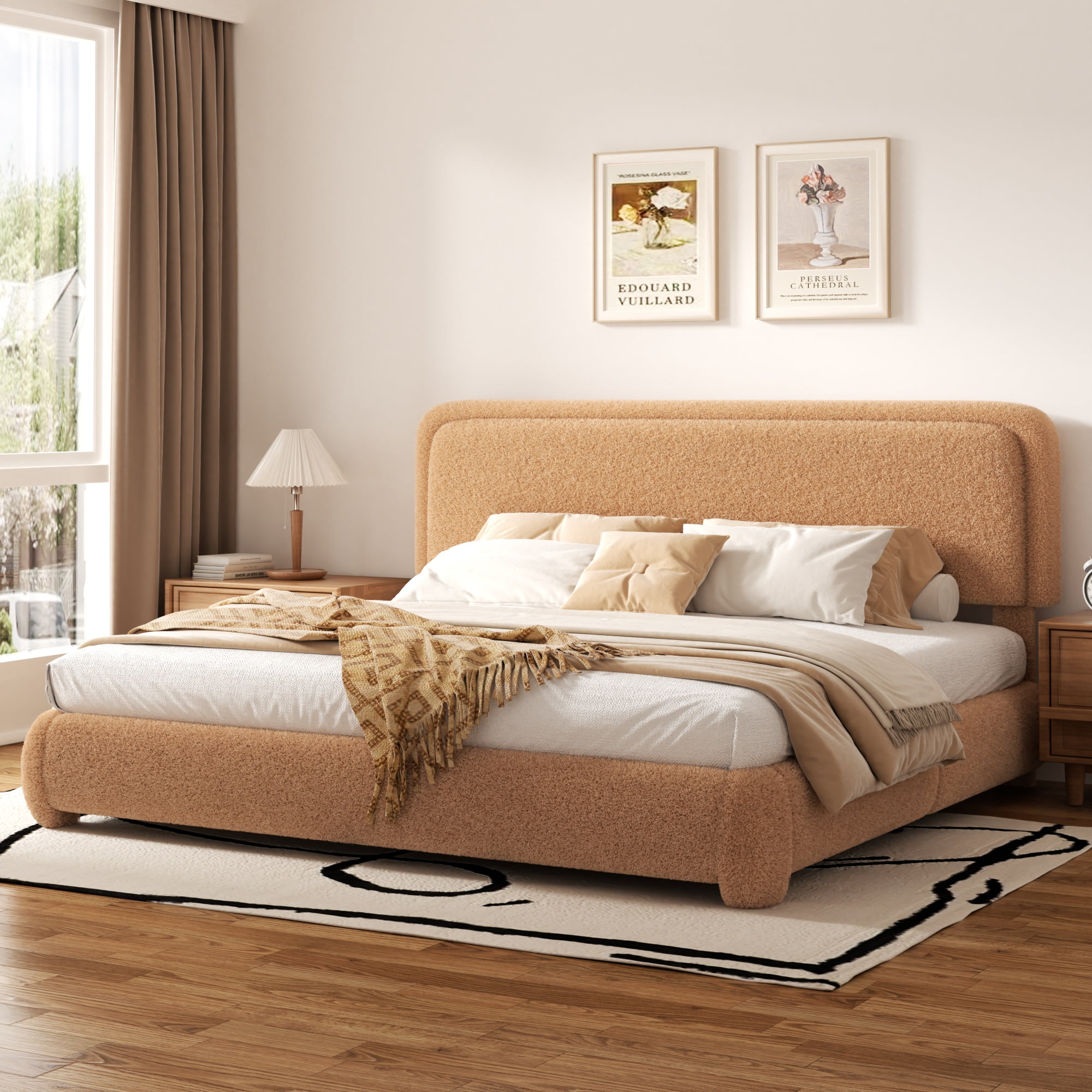 VIPLOV King Size Boucle Bed Frame, Cloud Upholstered Platform Bed with Height Adjustable Headboard & Soft Rounded Corners, No Noise Free, Easy Assembly,Brown