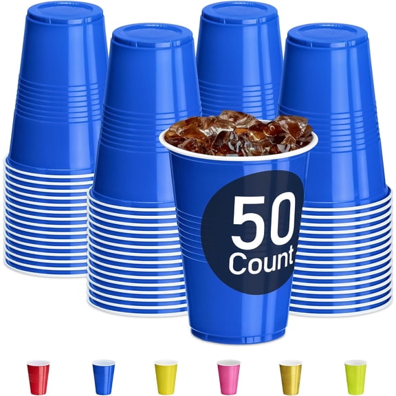 50 Count Blue Party Cups, 16 oz BPA Free Plastic Cups, Perfect for Birthday, Picnic, Indoor and Outdoor Event, Stackable, Reusable, Disposable Round Beverage Drinking Cups (50 Pack)