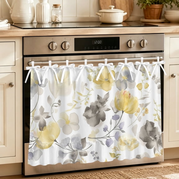Yellow Grey Botanical Oven Skirt Curtain 32"x24", Waterproof Ruffled Stove Cover Skirt with 8 Ribbon Ties, Spring Floral Watercolor Decorative Oven Door Curtains Drapes for Kitchen Cabinet Storage